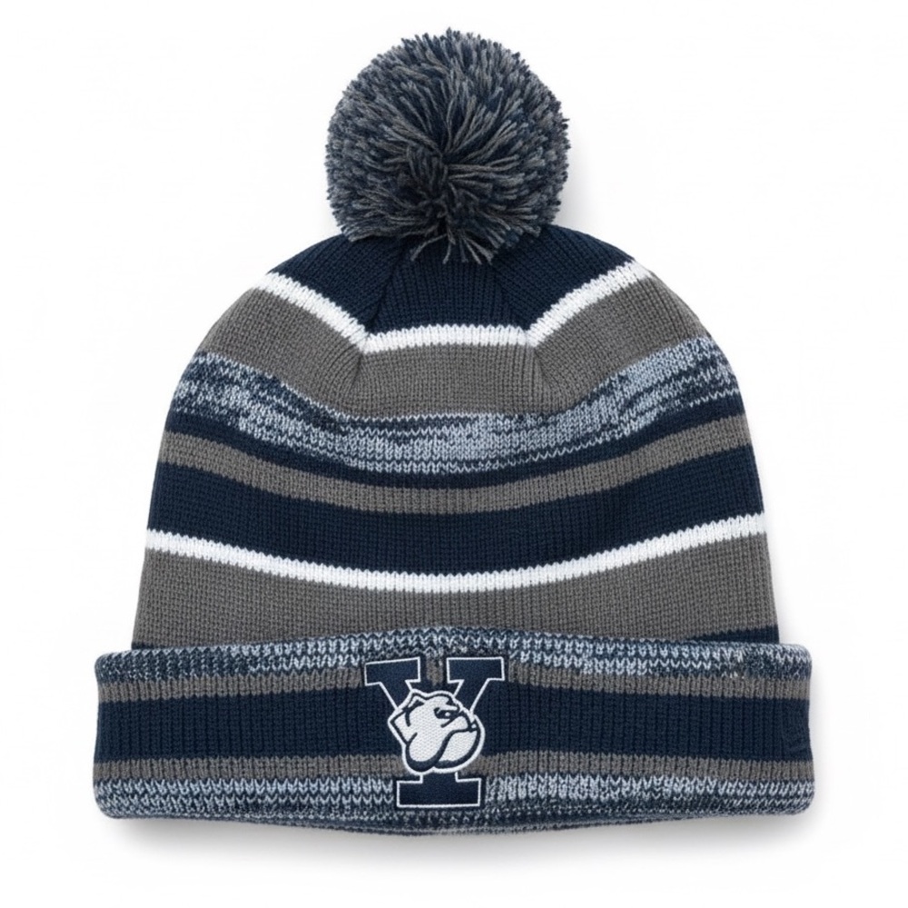 Yale Bulldogs Pom Beanie Knit Winter Hat Navy Gray Striped Fleece Lined O/S